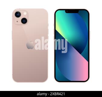 Kiew, Ukraine - 05. November 2021: Smartphone APPE iPhone 13 auf Vorder- und Rückseite, in offizieller rosa Farbe, auf weißem Hintergrund. Realistischer Vektor i Stock Vektor