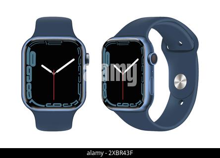 Kiew, Ukraine - 05. November 2021: Smart Handgelenkuhr - Apple Watch 7 Serie, vorne und seitlich, in offizieller blauer Farbe, auf weißem Hintergrund. Stock Vektor