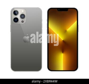 Kiew, Ukraine - 05. November 2021: Smartphone Apple iPhone 13 Pro, auf Vorder- und Rückseite, in offizieller grauer Farbe, auf weißem Hintergrund. Realisti Stock Vektor