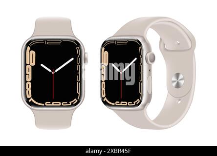 Kiew, Ukraine - 05. November 2021: Smart Handgelenkuhr - Apple Watch 7 Serie, vorne und seitlich, in offizieller weißer Farbe, auf weißem Hintergrund. Stock Vektor