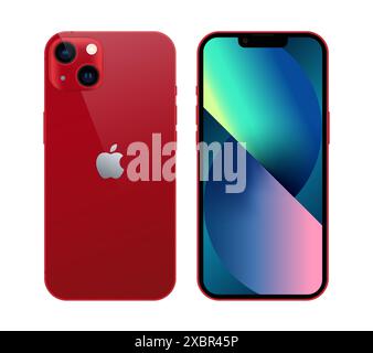 Kiew, Ukraine - 05. November 2021: Smartphone APPE iPhone 13 auf Vorder- und Rückseite, in offizieller roter Farbe, auf weißem Hintergrund. Realistischer Vektor Stock Vektor