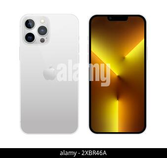 Kiew, Ukraine - 05. November 2021: Smartphone Apple iPhone 13 Pro, auf Vorder- und Rückseite und in offizieller weißer Farbe, auf weißem Hintergrund. Realistisch Stock Vektor