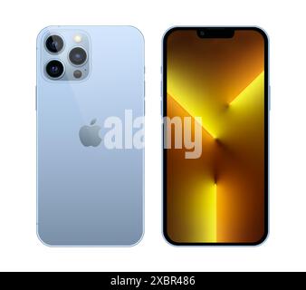 Kiew, Ukraine - 05. November 2021: Smartphone Apple iPhone 13 Pro, auf Vorder- und Rückseite und in offizieller blauer Farbe, auf weißem Hintergrund. Realisti Stock Vektor