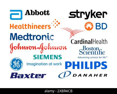 Kiyv, Ukraine - 09. November 2021: Logos der weltweit größten Hersteller von medizinischen Geräten, wie Danaher, Stryker, Becton Dickinson, Stock Vektor
