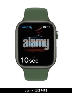 Kiew, Ukraine - 15. Februar 2022: Apple Watch Series 7 mit Neuheit Messung des Sauerstoffgehalts in der Blut-App. Ein Hauch von Innovation. Realistisches VEC Stock Vektor