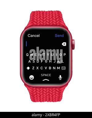 Kiew, Ukraine – 15. Februar 2022: Apple Watch Series 7 mit neuer Volltastatur auf dem Bildschirm, überraschend genau, für komfortables Tippen. Realistisches VEC Stock Vektor