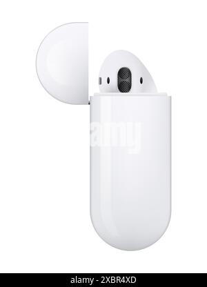 Kiew, Ukraine - 06. April 2022: Weiße drahtlose Kopfhörer Apple AirPods Serie 2, auf weißem Hintergrund. Realistische Vektordarstellung Stock Vektor