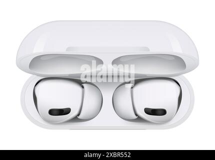 Kiew, Ukraine - 06. April 2022: Weiße drahtlose Kopfhörer Apple AirPods Pro, auf weißem Hintergrund. Realistische Vektordarstellung Stock Vektor