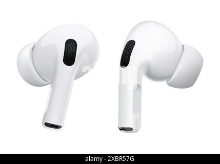 Kiew, Ukraine - 06. April 2022: Weiße drahtlose Kopfhörer Apple AirPods Pro, auf weißem Hintergrund. Realistische Vektordarstellung Stock Vektor