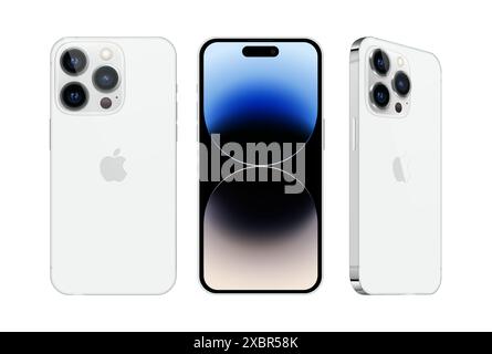 Kiew, Ukraine - 28. September 2022: Set des Smartphones Apple iPhone 14 Pro in verschiedenen Seiten, in offizieller silberner Farbe, auf weißem Hintergrund. Realisti Stock Vektor