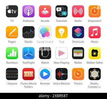 Kiew, Ukraine - 29. April 2022: Set mit 24 beliebten IOS Apps Icons: TV, Podcasts, Arcade, Translate, Radio, Stoppuhr und andere, Vektorillustration Stock Vektor