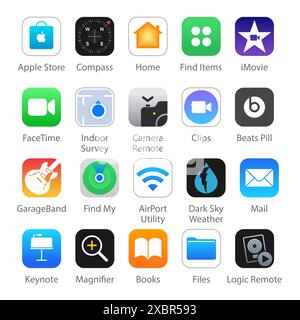 Kiew, Ukraine - 29. April 2022: Set mit 20 beliebten IOS Apps Icons: Apple Store, Kompass, Home, FactTime, iMovie und andere Vektorabbildung Stock Vektor