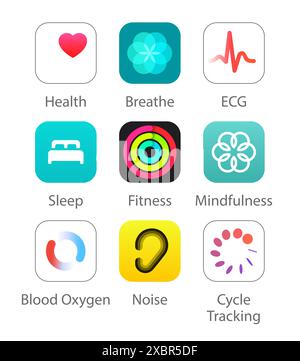 Kiew, Ukraine - 29. April 2022: Set der beliebten IOS Health Apps Symbole: Gesundheit, Atmen, EKG, Schlaf, Fitness und andere, Vektorabbildung Stock Vektor