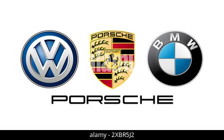 Kiyv, Ukraine - 28. Juli 2022: Sammlung populärer deutscher Autologos: BMW, Porche, Volkswagen, Vektorillustration Stock Vektor