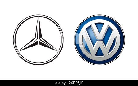 Kiyv, Ukraine - 28. Juli 2022: Sammlung populärer deutscher Autologos: Mercedes und Volkswagen Vektorillustration Stock Vektor