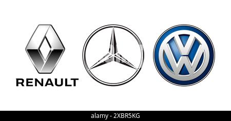 Kiew, Ukraine - 29. September 2022: Sammlung der Logos der größten europäischen Automobilhersteller auf weißem Hintergrund: Renault, Mercedes Benz und Volkswagen Stock Vektor