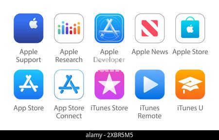 Kiew, Ukraine - 29. April 2022: Set von beliebten 10 iOS Apple Apps Symbolen: Apple Support, Apple Research, Apple Developer u. a., Vektorillustration Stock Vektor