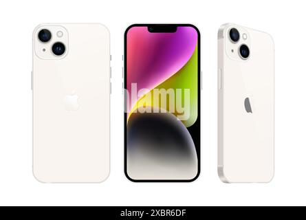 Kiew, Ukraine - 28. September 2022: Set des Smartphones Apple iPhone 14 in verschiedenen Seiten, in offizieller Sternenfarbe, auf weißem Hintergrund. Realistisch Stock Vektor