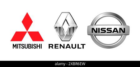 Kiew, Ukraine - 29. September 2022: Logos der Automobilhersteller-Allianz: Renault, Nissan, Mitsubishi, auf weißem Hintergrund, Vektorillustration Stock Vektor