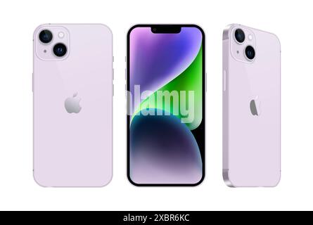 Kiew, Ukraine - 28. September 2022: Set des Smartphones Apple iPhone 14 in verschiedenen Seiten, in offizieller lila Farbe, auf weißem Hintergrund. Realistisch Stock Vektor