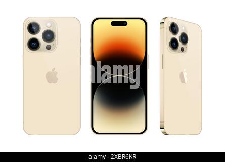 Kiew, Ukraine - 28. September 2022: Set des Smartphones Apple iPhone 14 Pro in verschiedenen Seiten, in offizieller Goldfarbe, auf weißem Hintergrund. Realistisch Stock Vektor