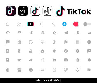 Kiew, Ukraine - 29. Februar 2023: TikTok Set mit Symbolen und Logos für die Benutzeroberfläche der mobilen App. Sammlung von Vorlagen für Social Media-Schnittstellen. Illustratives Edito Stock Vektor