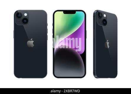 Kiew, Ukraine - 28. September 2022: Set des Smartphones Apple iPhone 14 in verschiedenen Seiten, in offizieller Mitternachtsfarbe, auf weißem Hintergrund. Realistisch Stock Vektor