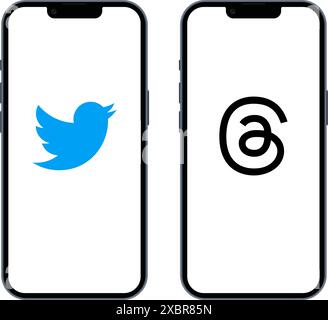 Twitter und Threads mobile Services Logos in verschiedenen Smartphones iPhone 14 auf weißem Hintergrund, Vektorillustration. Meta Startet Offiziell Thr Stock Vektor