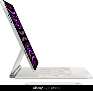 Apple iPad Pro mit Tastatur, isoliert auf weißem Hintergrund, Vektorillustration. Das iPad Pro ist eine Serie von Tablet-Computern, die als premi positioniert sind Stock Vektor