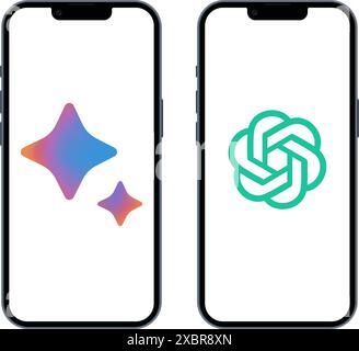 Set von Smartphones Apple iPhone 14 mit OpenAI ChatGPT- und Google Bard Chatbot-Symbolen auf dem Bildschirm, auf weißem Hintergrund. Realistisches Vektorillustrat Stock Vektor
