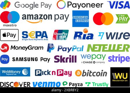 Satz beliebter Logos für Zahlungssysteme: Google Pay, Payoneer, American Express, MasterCard, Visa und andere auf weißem Hintergrund, Vektorillustration Stock Vektor