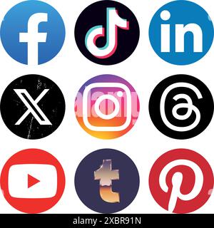 Set aus beliebten mobilen Apps für soziale Medien: Facebook, TikTok, LinkedIn, X Twitter, Instagram und andere, Vektorabbildung Stock Vektor