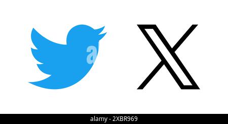 Satz von neuen und alten Twitter-Logos auf weißem Hintergrund, Vektorillustration. Twitter ändert das Logo in X und ersetzt das blaue Vogelsymbol. Elon Musk folgte Stock Vektor