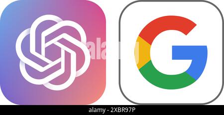 Satz von OpenAI- und Google Bard Chatbot-Symbolen auf weißem Hintergrund, Vektorillustration. ?Ompetition Konzept der besten KI-Unternehmen Stock Vektor