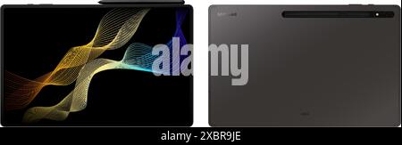 Tablet-PC Samsung Tab S8 Ultra in dunkelgrauer Farbe, auf weißem Hintergrund, Vektorillustration. Das Samsung Galaxy Tab S8 ist eine Serie von Android-basierten Stock Vektor