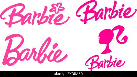 Set von Barbie Logos auf weißem Hintergrund, Vektorillustration. Barbie ist eine Modepuppe, die von der amerikanischen Geschäftsfrau Ruth Handler hergestellt wurde Stock Vektor