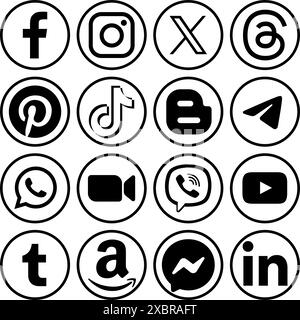Satz beliebter mobiler Social-Media-Apps mit runden schwarzen Symbolen mit Rand: Facebook, Instagram, X Twitter, Threads, Pinterest, TikTok und andere Vektoren sind krank Stock Vektor