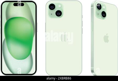 Set aus grünem Apple iPhone 15 Mobiltelefon in verschiedenen Seiten, auf weißem Hintergrund, Vektorillustration. Das iPhone 15 und das iPhone 15 Plus sind Smartphons Stock Vektor