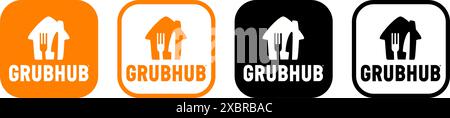 Satz von Symbolen für die mobile GrubHub-App, isoliert auf weißem Hintergrund, Vektorillustration. GrubHub ist eine Online- und mobile Bestellung und Lieferung von zubereiteten Lebensmitteln Stock Vektor