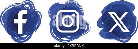 Set beliebter Social-Media-Symbole in blauem Tintentropfen-Design: Facebook, Instagram und Twitter - X, auf transparentem Hintergrund, Vektorillustration Stock Vektor