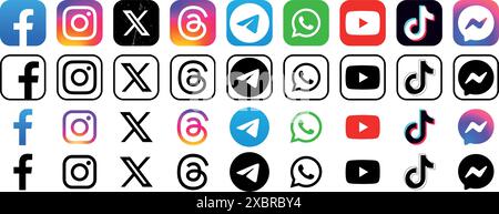 Set von Symbolen für mobile Social Media Apps in verschiedenen Formen: Facebook, Instagram, Twitter - X, Threads, Telegramm und andere, auf transparentem Hintergrund, Stock Vektor