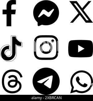 Eine Reihe schwarzer Logozeichen für beliebte Symbole in sozialen Medien und mobilen Apps: Facebook, Messenger, Twitter - X, TikTok und andere, auf einem transparenten Hintergrund Stock Vektor