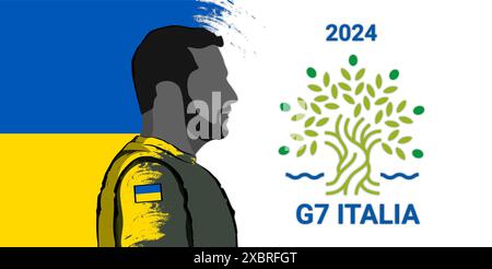 Volodymyr Zelenskij Hintergrund der ukrainischen Flaggen , Logo des G7-Gipfels in Italien. Stockfoto