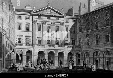 Royal Exchange, High Street, Edinburgh, Stich von W. Watkins. Es stammt von einem Stich aus dem Jahr 1832, der aus einer Aquarellzeichnung von Thomas H. Shepherd (1793–1864) stammt. Zu der Zeit, 1832, war Wilhelm IV. König, etwa fünf Jahre bevor Königin Victoria den Thron bestieg. Dies und andere, die ich in der Serie habe, wurden verwendet, um die architektonischen Ähnlichkeiten zwischen Athen und Edinburgh (Schottland) und seiner Umgebung zu dieser Zeit zu veranschaulichen. Hinweis: Einige der Originale hatten Foxing, was auf den Fotos als etwas dunklere Flecken erscheinen kann. Stockfoto