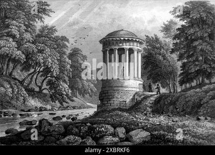 Bernhardiner Brunnen, Wasser von Leith, Stich von J. B. Allen. Es stammt von einem Stich aus dem Jahr 1832, der aus einer Aquarellzeichnung von Thomas H. Shepherd (1793–1864) stammt. Zu der Zeit, 1832, war Wilhelm IV. König, etwa fünf Jahre bevor Königin Victoria den Thron bestieg. Dies und andere, die ich in der Serie habe, wurden verwendet, um die architektonischen Ähnlichkeiten zwischen Athen und Edinburgh (Schottland) und seiner Umgebung zu dieser Zeit zu veranschaulichen. Hinweis: Einige der Originale hatten Foxing, was auf den Fotos als etwas dunklere Flecken erscheinen kann. Stockfoto