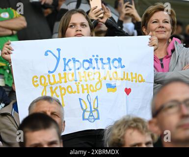 Wiesbaden, Deutschland. Juni 2024. Die Zuschauer beobachten das öffentliche Training der ukrainischen Nationalmannschaft auf der Haupttribüne der Brita Arena. Vermerk: Arne Dedert/dpa/Alamy Live News Stockfoto