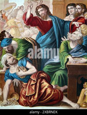 Illustration von Jesus Vertreibung der Geldwechsler aus dem Tempel von Jerusalem aus Browns selbstinterpretierender Familienbibel des 19. Jahrhunderts Stockfoto