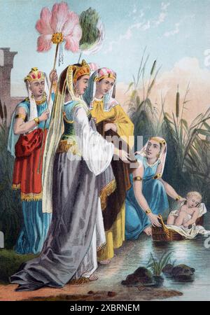 Illustration von Pharaos Tochter, die Moses in den Stierkrauschen findet Exodus Altes Testament aus dem antiken 19. Jahrhundert Browns selbstinterpretierende Familienbrot Stockfoto