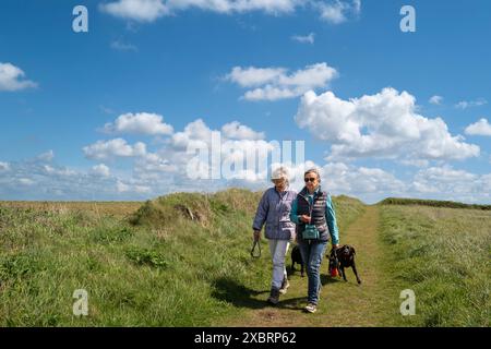 Zwei reife Weibchen gehen mit ihren Hunden auf einem Fußweg auf dem Pentire Point West in Newquay in Cornwall in Großbritannien. Stockfoto