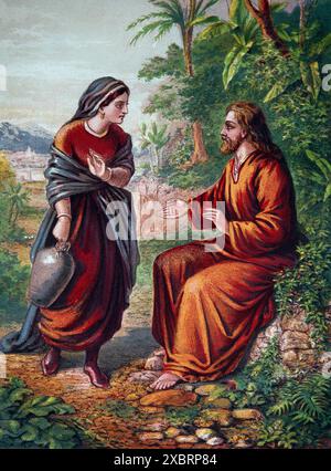 Illustration von Christus und der Frau von Samaria (Evangelium des Johannes) Jesus Christus bittet um ein Getränk Wasser von einer samaritanischen Frau am Jakobsbrunnen Stockfoto